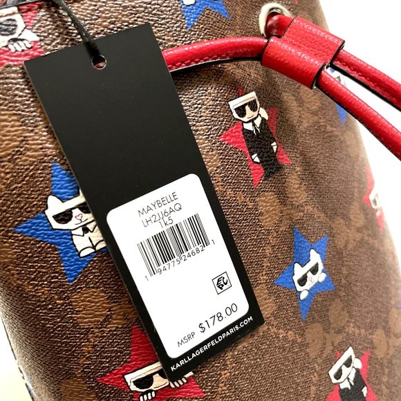 NWT Karl Lagerfeld Paris Bucket Bag Stars Print Brown Red Drawstring Crossbody - Picture 7 of 10